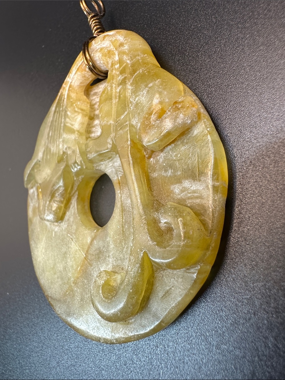 Vintage Hand-Carved Jade Sea Dragon OR Koi Pendant Symbol of Prosperity & Luck - Picture 7 of 11
